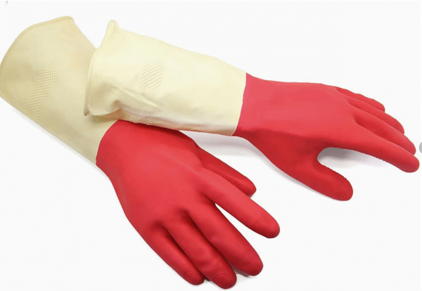 Перчатки хозяйственные латексные СВЕРХПРОЧНЫЕ Биколор (Белый+красный) от магазина Рабочий класс