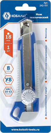 Нож технический КОБАЛЬТ лезвие 18 мм, двухкомпонентный корпус, металлическая направляющая, фиксатор, от магазина Рабочий класс