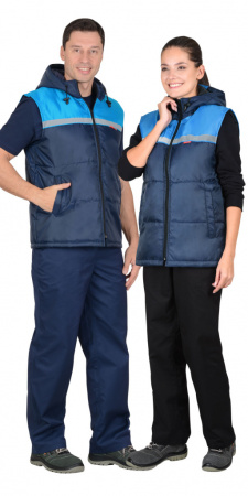 Жилет Сириус-Экспресс с капюшоном и  СОП цв. синий с голубым от магазина Рабочий класс