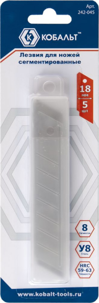 Лезвия сменные КОБАЛЬТ для ножей 18 мм, сегментированные, 8 сегментов, сталь У8 (5 шт.) блистер от магазина Рабочий класс