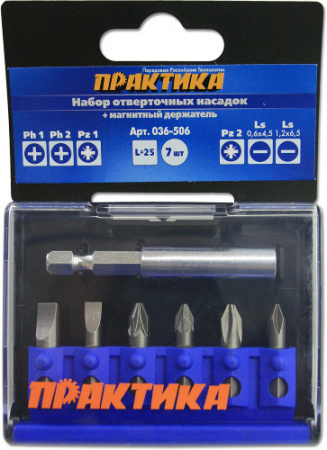 Набор бит ПРАКТИКА "Профи"  7шт PH1,2; PZ1,2; LS 2шт x 25мм, магнитный держатель, кассета от магазина Рабочий класс