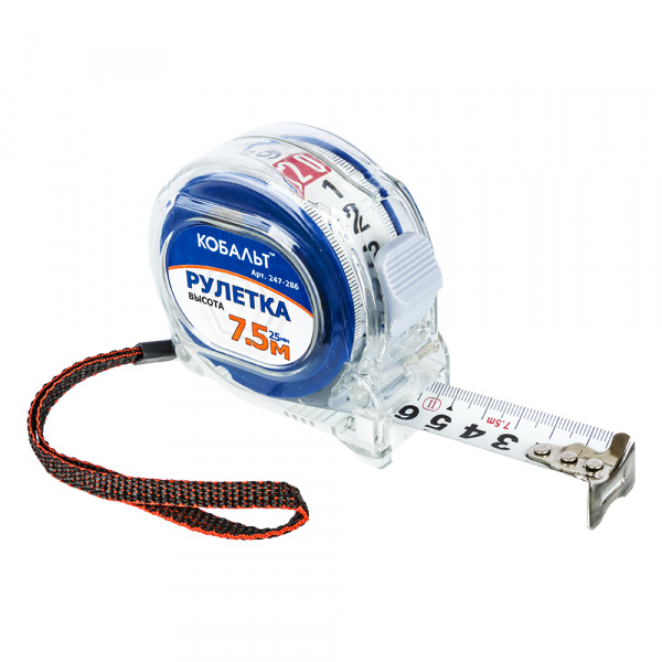 Рулетка КОБАЛЬТ Высота  7,5м x 25мм прозрачный корпус (мех.стопор, 2-сторонняя шкала, белое матов. п от магазина Рабочий класс