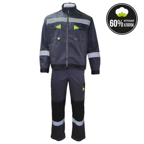 Костюм летний Корвет Коттон, куртка + брюки цв. т.серый/черный/лимон от магазина Рабочий класс