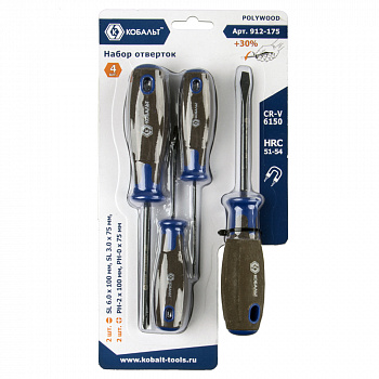Набор отверток КОБАЛЬТ POLYWOOD, CR-V, древесно-полимерная рукоятки (4 шт.) подвес от магазина Рабочий класс