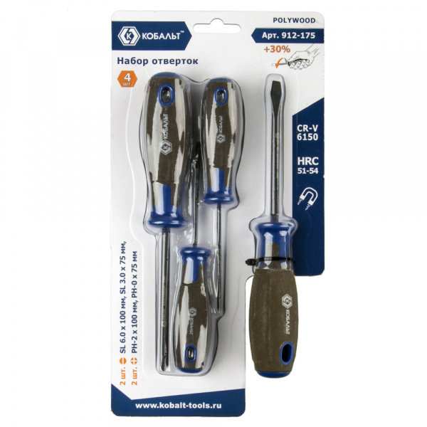 Набор отверток КОБАЛЬТ POLYWOOD, CR-V, древесно-полимерная рукоятки (4 шт.) подвес от магазина Рабочий класс