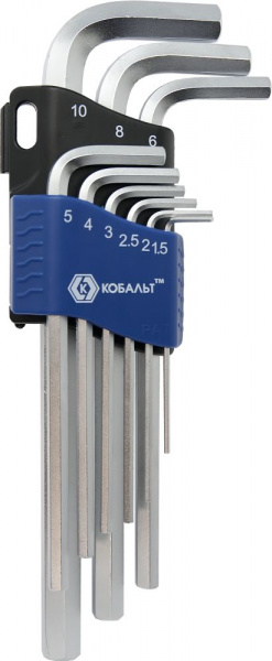 Набор ключей угловых шестигранных КОБАЛЬТ 1.5, 2, 2.5, 3, 4, 5, 6, 8, 10 мм Cr-V (9 шт.) блистер от магазина Рабочий класс
