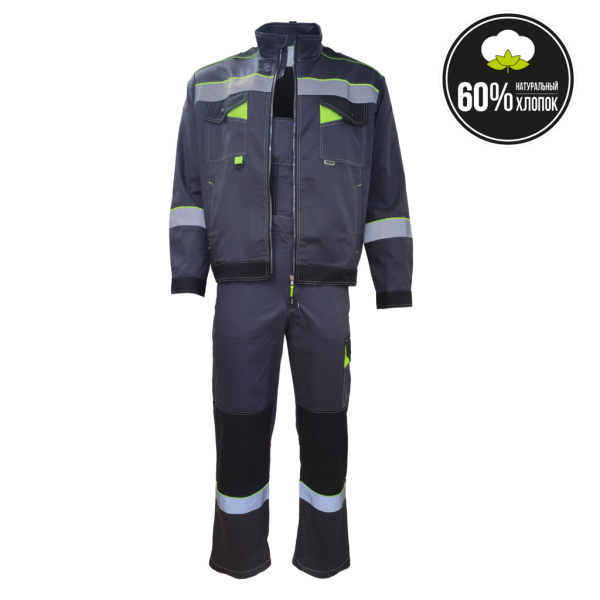 Костюм летний Корвет Коттон, куртка + брюки цв. т.серый/черный/лимон от магазина Рабочий класс