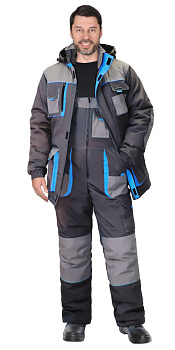 Костюм "ДВИН" зимний, курт удл. с п/к т.серый со ср.серым и голубой отделкой от магазина Рабочий класс