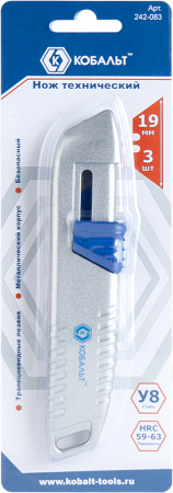 Нож технический КОБАЛЬТ трапециевидные лезвия 19 мм (3 шт.), металлический корпус, блистер от магазина Рабочий класс